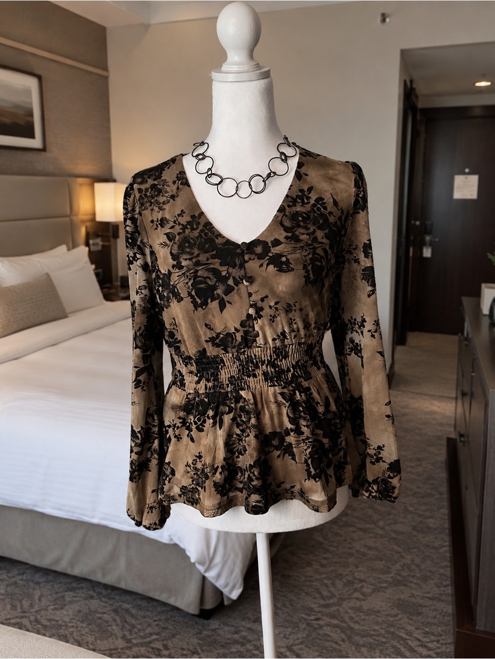 Smocked Waist Brown Floral V-Neck Blouse